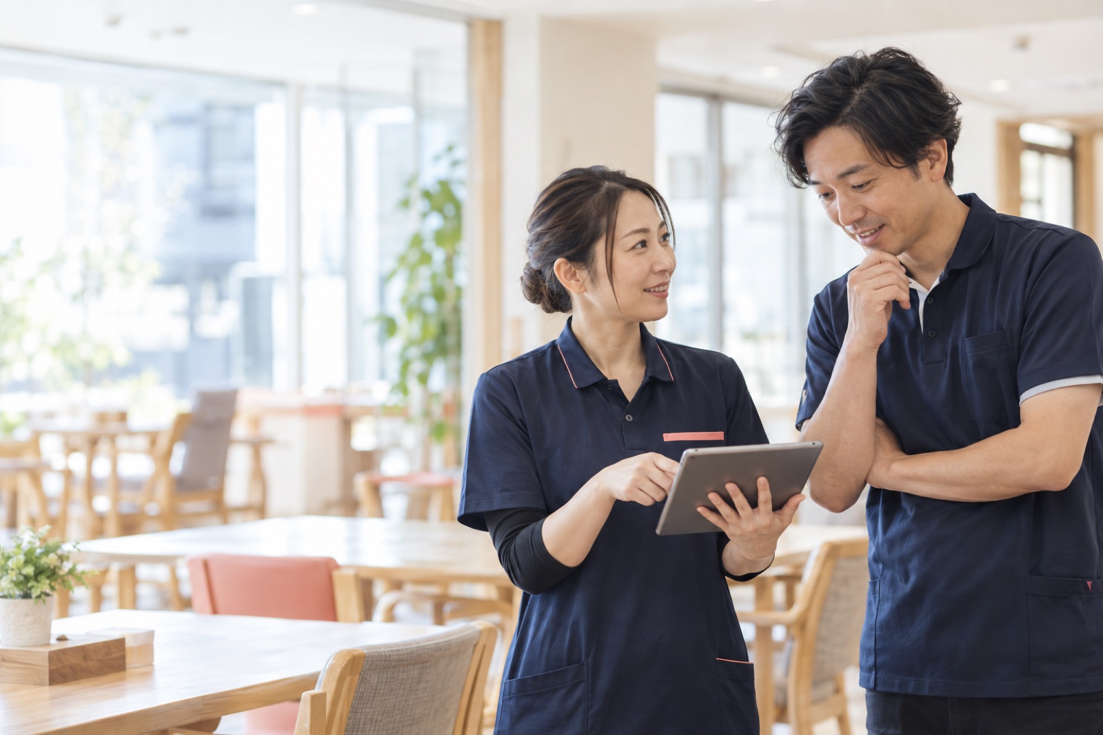 介護職員がタブレットで業務を確認するイメージ